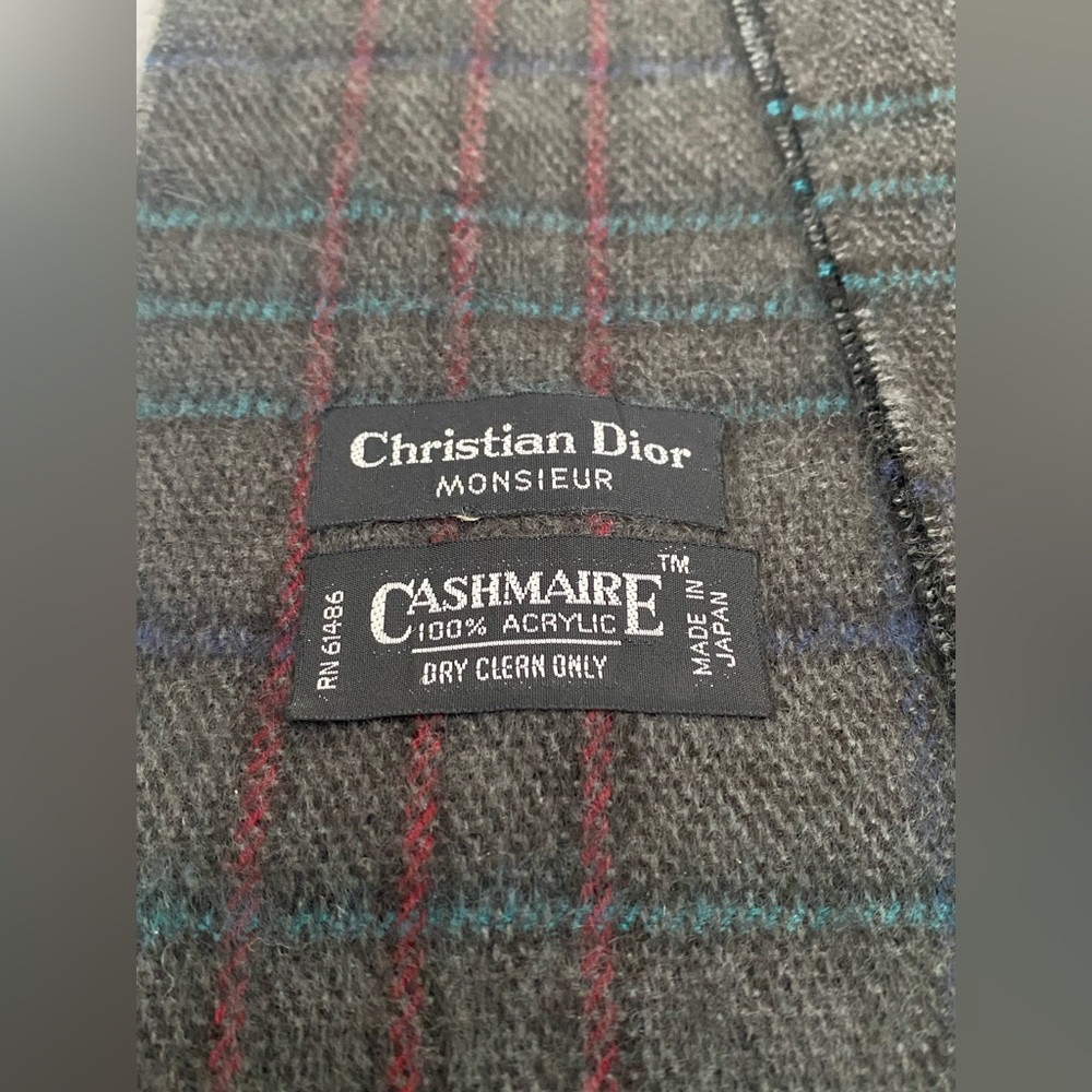 Dior Mens Gray Plaid Scarf with Red and Teal Stripes